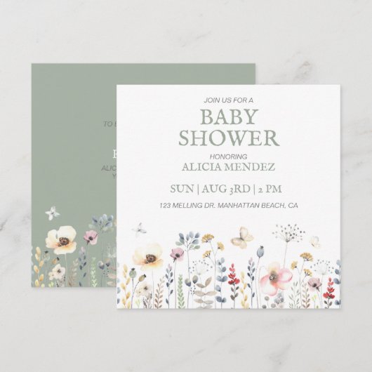 INVITATION BABY SHOWER, FLORAL, BABY SHOWER BOTANIQUE (Devant / Derrière)