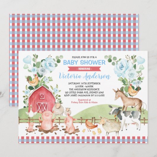 Invitation Baby shower Floral Barnyard Farm Animaux (Devant / Derrière)