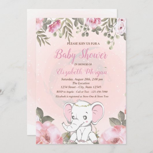 Invitation Baby shower floral bébé éléphant (Devant / Derrière)