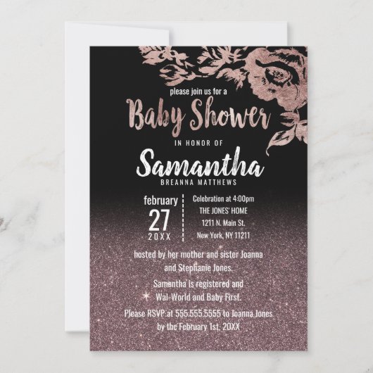 Invitation Baby shower floral Black Rose Gold Parties scintil (Devant)