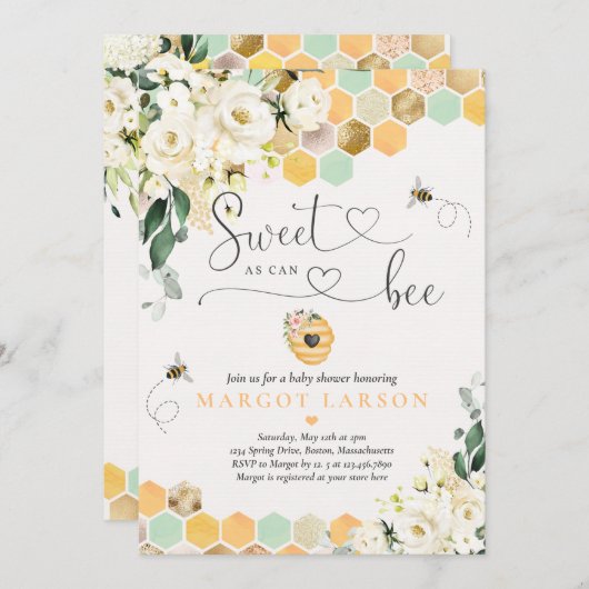 Invitation Baby shower Floral Blanc Blanc, Doux Comme Peuvent (Devant / Derrière)