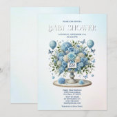 Invitation Baby shower Floral Blanc Bleu (Devant / Derrière)