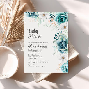 Invitation Baby shower floral blanc et Turquoise