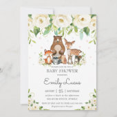Invitation Baby shower floral blanc ivoire des animaux des bo (Devant)