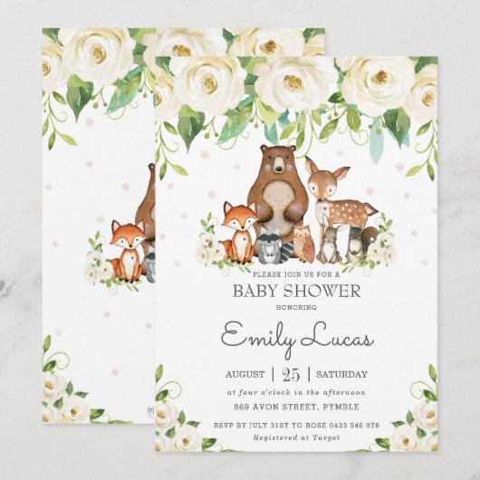 Invitation Baby shower floral blanc ivoire des animaux des bo (Devant / Derrière)
