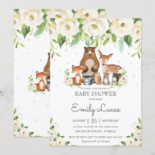 Invitation Baby shower floral blanc ivoire des animaux des bo