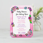 Invitation Baby shower floral blanc rose et violet (Debout devant)