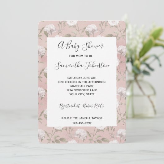 Invitation Baby shower Floral blanc rose Rose (Debout devant)