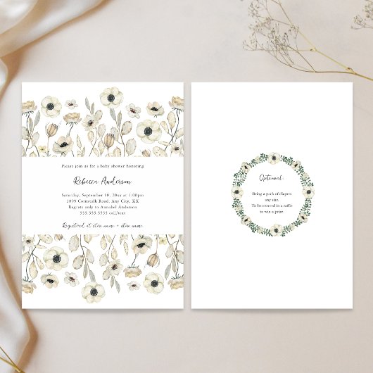 Invitation Baby shower Floral blanc + tombole de couche