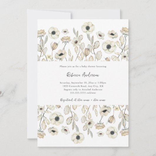 Invitation Baby shower Floral blanc + tombole de couche (Devant)