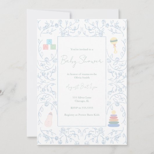 Invitation Baby shower Floral Bleu (Devant)