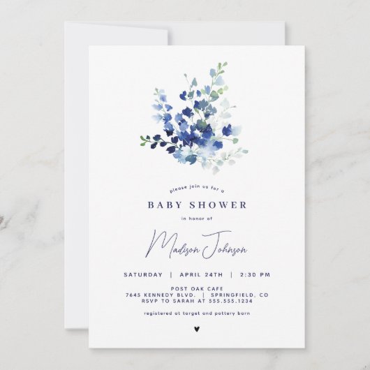Invitation Baby shower Floral Bleu (Devant)