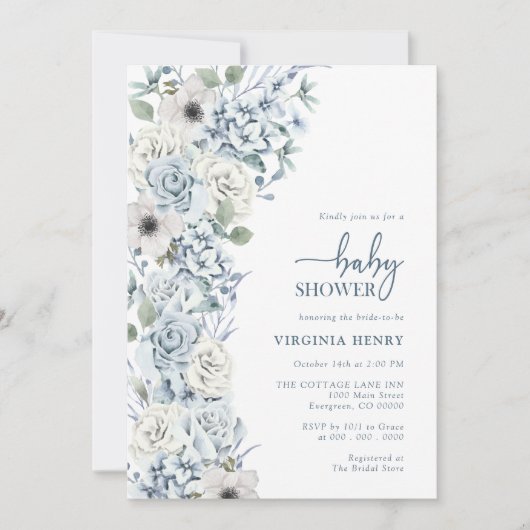 Invitation Baby shower Floral Bleu (Devant)
