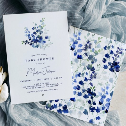 Invitation Baby shower Floral Bleu