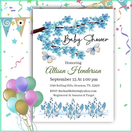 Invitation Baby shower Floral Bleu