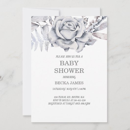 Invitation Baby shower Floral Bleu (Devant)