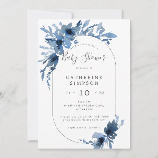 Invitation Baby shower floral bleu aquarelle (Devant)