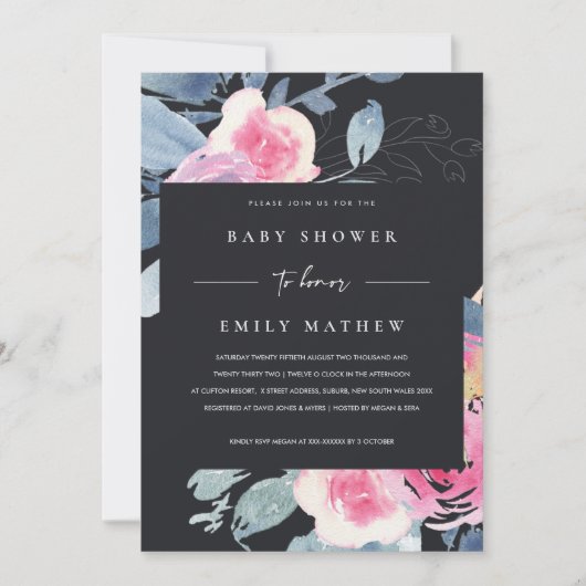 INVITATION BABY SHOWER FLORAL BLEU BLEU NOIR (Devant)