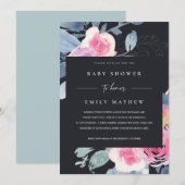 INVITATION BABY SHOWER FLORAL BLEU BLEU NOIR (Devant / Derrière)