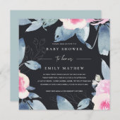 INVITATION BABY SHOWER FLORAL BLEU BLEU NOIR (Devant / Derrière)
