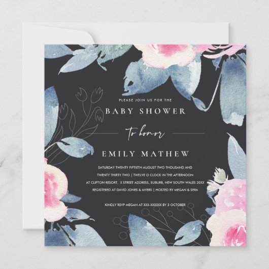 INVITATION BABY SHOWER FLORAL BLEU BLEU NOIR (Devant)