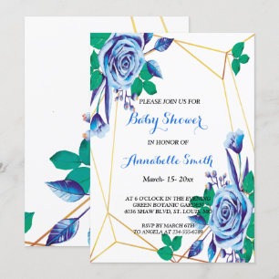 Invitation Baby shower floral bleu cadre or géométrique