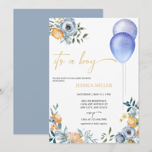 Invitation Baby shower Floral Bleu | C'est un garçon (Devant / Derrière)