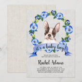 Invitation Baby shower floral bleu de chien de Taureau de (Devant / Derrière)