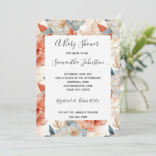 Invitation Baby shower floral bleu de corail ivoire