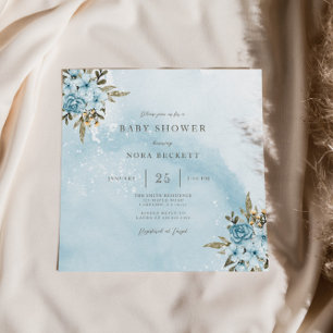 Invitation Baby shower Floral Bleu d'hiver