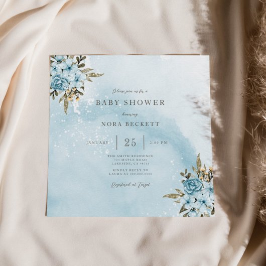 Invitation Baby shower Floral Bleu d'hiver