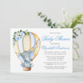Invitation Baby shower Floral Bleu Eléphant (Debout devant)