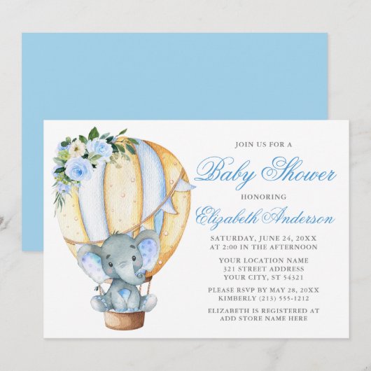 Invitation Baby shower Floral Bleu Eléphant (Devant / Derrière)