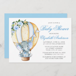Invitation Baby shower Floral Bleu Eléphant