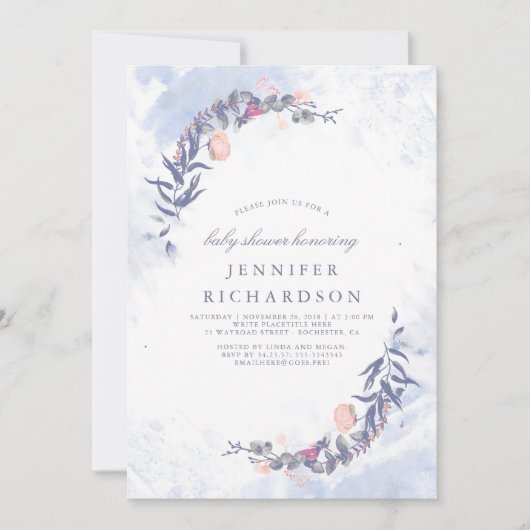 Invitation Baby shower floral bleu et blanc (Devant)