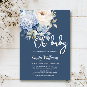 Invitation Baby shower floral bleu et blanc poussiéreux