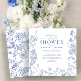 Invitation Baby shower Floral bleu et blanc victorien
