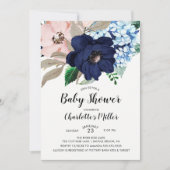 Invitation Baby shower floral bleu et bleu marine (Devant)