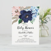 Invitation Baby shower floral bleu et bleu marine (Debout devant)