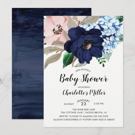 Invitation Baby shower floral bleu et bleu marine (Devant / Derrière)