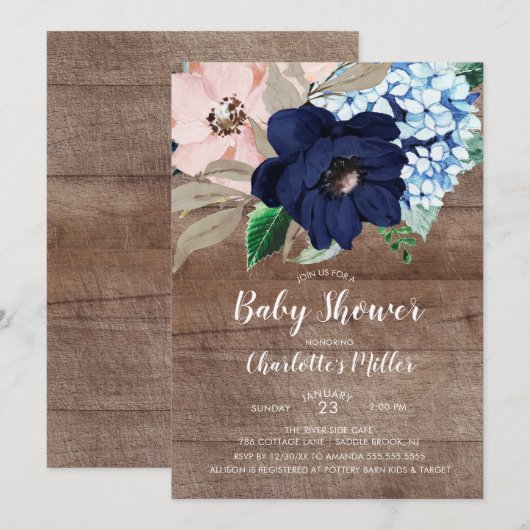 Invitation Baby shower floral bleu et bleu rustique de la mar (Devant / Derrière)