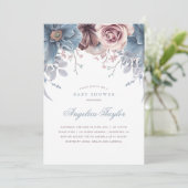 Invitation Baby shower floral bleu et mauve (Debout devant)