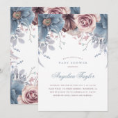 Invitation Baby shower floral bleu et mauve (Devant / Derrière)