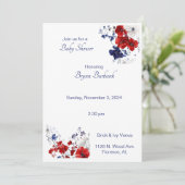 Invitation Baby shower Floral bleu et rouge (Debout devant)