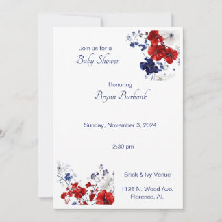 Invitation Baby shower Floral bleu et rouge