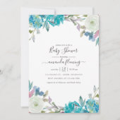Invitation Baby shower floral bleu et turquoise (Devant)