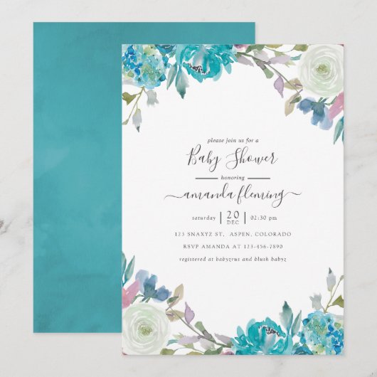 Invitation Baby shower floral bleu et turquoise (Devant / Derrière)