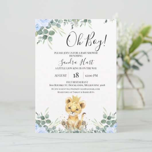 Invitation Baby shower Floral bleu Eucalyptus Lion King (Debout devant)