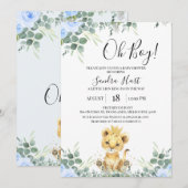 Invitation Baby shower Floral bleu Eucalyptus Lion King (Devant / Derrière)
