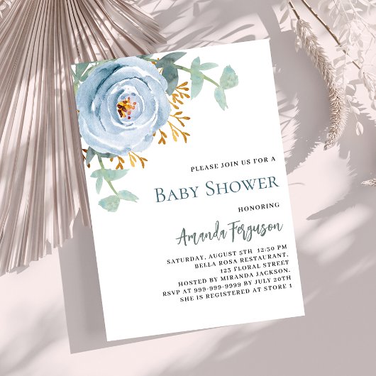Invitation Baby shower floral bleu foncé